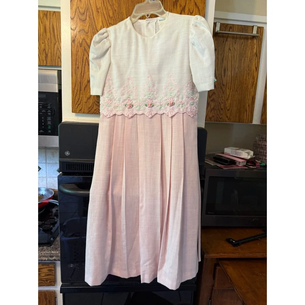 Peaches n Cream Girls Pink White Floral Embroidered‎ Special Occasion Dress 14
